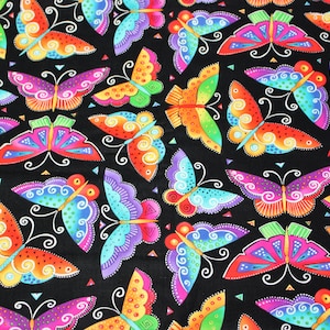 Laurel Burch FLYING COLORS 2 Bright Butterflies on Black Fabric - BTHY