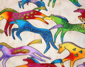 May include: A colorful fabric with a repeating pattern of stylized horses. The horses are painted in various colors, including red, orange, yellow, green, blue, and purple. The fabric has a white background.