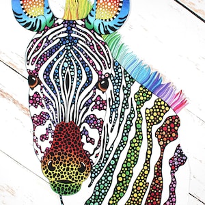 May include: A colorful illustration of a zebra's head, featuring a vibrant rainbow of colors. The zebra's stripes are black and white, with accents of red, orange, yellow, green, blue, and purple. The ears and mane are also adorned with rainbow hues. The background is white.