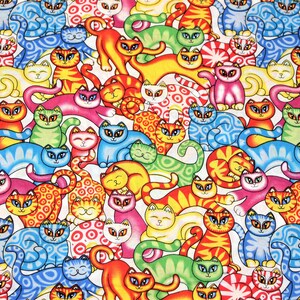 Colorful Cats on White Manufacturer&#39;s Cotton EXTRA WIDE Fabric