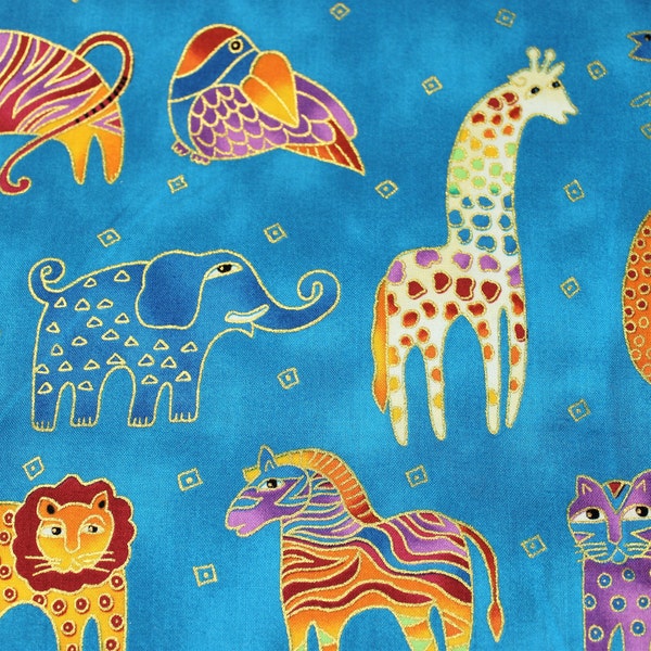 Laurel Burch MYTHICAL JUNGLE Animals Fabric Blue - BTHY