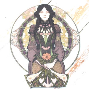 May include: A vintage art nouveau style illustration of a woman in a long dress with a floral pattern, holding a bouquet of flowers. The woman is surrounded by a decorative frame with floral motifs.