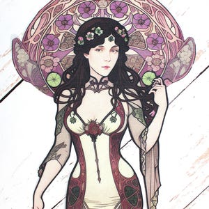 May include: Art Nouveau illustration of a woman with long dark hair and a floral crown. She wears a cream dress with burgundy and green accents. A decorative floral design frames her head. Set against a white wooden background.