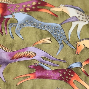 Laurel Burch MYTHICAL HORSES Olive Running Horses Fabric - BTHY