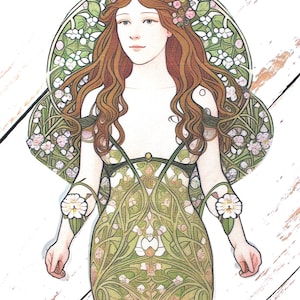 Iron-on APPLIQUE Art Nouveau Hand-cut Quilt Fabric Alphonse Mucha Garden Goddess - 6.25" x 9"