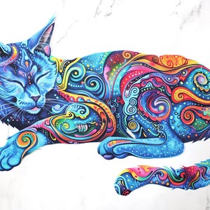 May include: A vibrant illustration of a sleeping cat, rendered in shades of blue, orange, pink, and green. The cat's fur is adorned with intricate, swirling patterns, creating a psychedelic effect. The cat is lying down with its eyes closed.