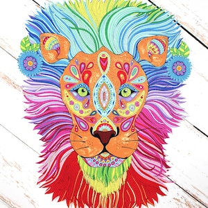 May include: A colorful illustration of a lion's face with intricate patterns and vibrant hues. The lion's mane features shades of blue, yellow, pink, and red. The face is orange with detailed designs, green eyes, and floral accents. The artwork is set against a white wood background.