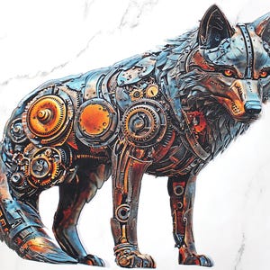Op de afbeelding: Een gedetailleerde steampunk-sculptuur van een wolf. Het kunstwerk toont een metalen wolf, geconstrueerd uit tandwielen, raderen en mechanische componenten. Het kleurenpalet omvat tinten brons, koper en staal, met gloeiende oranje ogen.