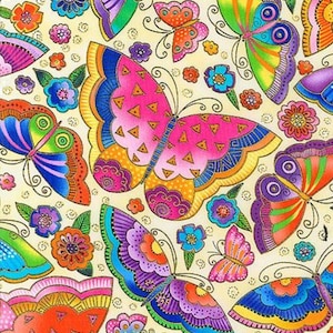 Laurel Burch FLYING COLORS 2 Large Butterflies Fabric Cream - BTHY