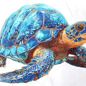 May include: A detailed illustration of a sea turtle with a vibrant blue shell and intricate patterns. The turtle's head and flippers are a warm brown color, contrasting with the cool blues. The artwork has a realistic style.