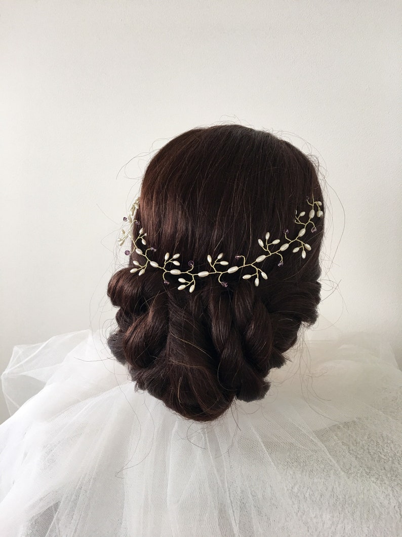 Rice Pearl Crystal Hair Vine,Wedding Hair Accessories,Star Jasmine Flower Bridal Hair Piece,Simple Classic Leaf wreath,Formal Occassion Halo image 4