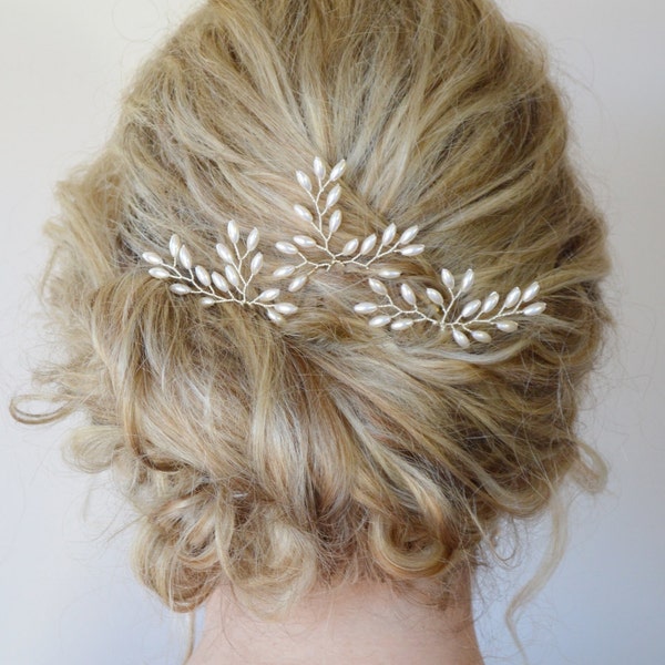 Accessoires de cheveux de mariage, épingles à cheveux de mariée, pièce de cheveux de mariage en perle de riz, pinces à cheveux en perle de feuille, ensemble d’épingles à cheveux classiques d’occasion spéciale de 3