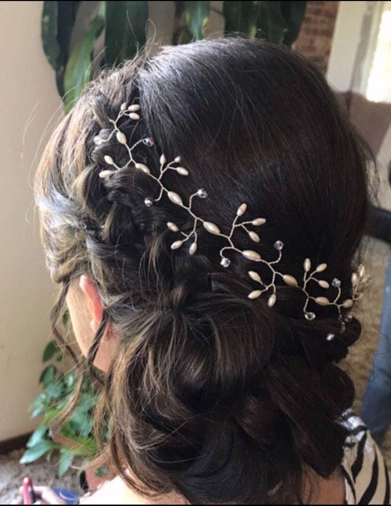 Rice Pearl Crystal Hair Vine,Wedding Hair Accessories,Star Jasmine Flower Bridal Hair Piece,Simple Classic Leaf wreath,Formal Occassion Halo image 3