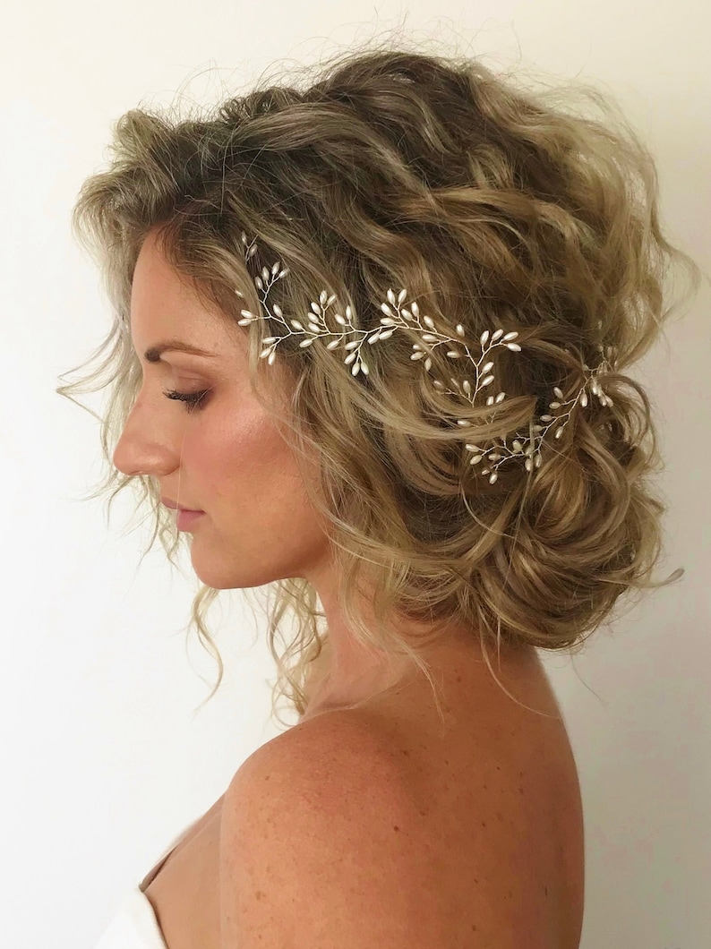 Leaf Bridal Hair Vine, Boho Wedding hair piece Pearl Halo Accessory,Woodland Garden Beach Bride Dainty simple flexible messy upstyle tiara image 1