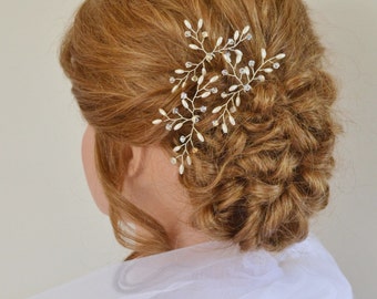 Fern Hair Pins, Wedding Hair Accessories, Fern Bridal Hair Pins, Swarovski Crystal Rice Pearl Hair Pins,Bridal Hair Accessory, Set of 3