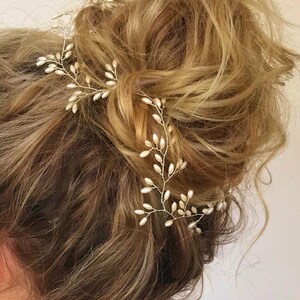 Leaf Bridal Hair Vine, Boho Wedding hair piece Pearl Halo Accessory,Woodland Garden Beach Bride Dainty simple flexible messy upstyle tiara image 7