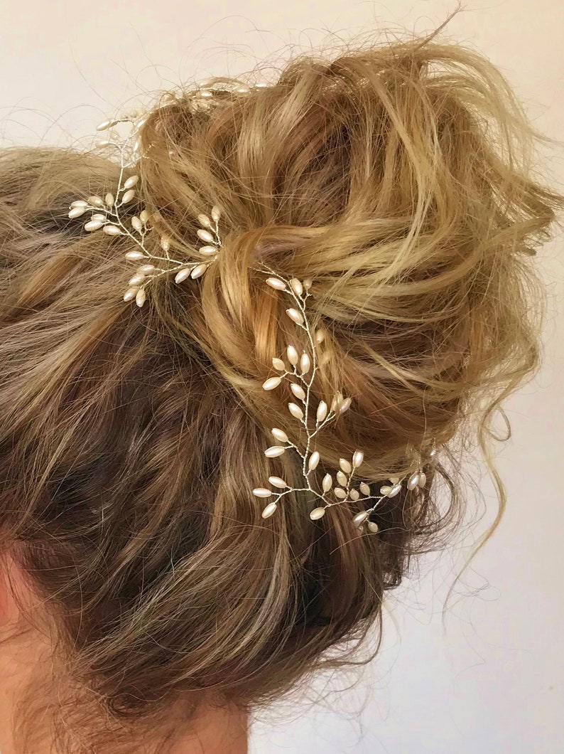 Leaf Bridal Hair Vine, Boho Wedding hair piece Pearl Halo Accessory,Woodland Garden Beach Bride Dainty simple flexible messy upstyle tiara image 7