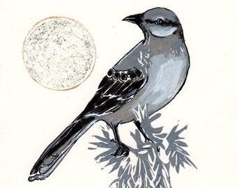 Mockingbird greeting card-reproduction of a lino cut print.