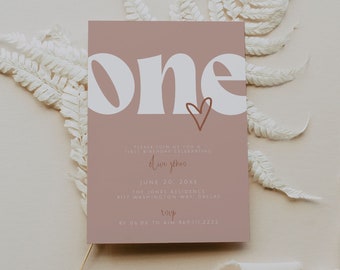 May include: A pink invitation card with the word "one" in white, a heart drawn in red, and the text "dive jones" in brown. The invitation is for a first birthday party on June 20, 20XX at The Jones Residence, 4117 Washington Way, Orelia. RSVP by 06.06.2022.