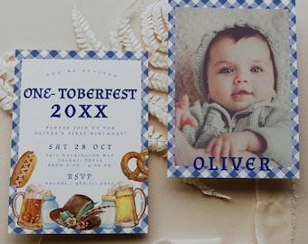 Plantilla de invitación de cumpleaños de ONE-toberfest, primer cumpleaños de Oktoberfest, invitación de cumpleaños del 1 de octubre, invitación de primer cumpleaños con foto
