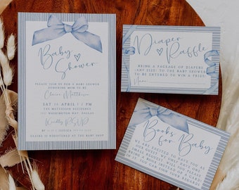 Plantilla de invitación para baby shower con moño para niño, baby shower en azul polvoriento, invitación a rayas para baby shower, inserto de tarjeta de rifa de pañales en azul polvoriento