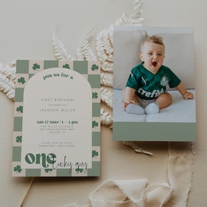 Lucky One 1st Birthday Invitation Template, St. Patrick's First Birthday, March Birthday Invite, One Lucky Guy, Checkered Invitation image 1