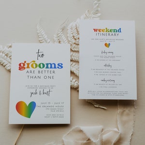 Pride Bachelor Party Invitation & Itinerary Template, Rainbow Bachelor Invite, Bachelor Weekend Invite, Gay Stag Night, Two Grooms