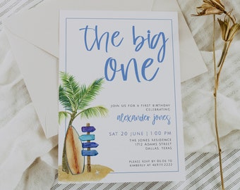 Plantilla de invitación para el primer cumpleaños de un surfista de DUKE, The Big One, invitación para el primer cumpleaños en la playa, invitación editable para el cumpleaños de un niño, cumpleaños de verano