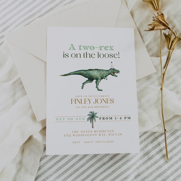 Dinosaur 2nd Birthday Invitation Template, Two-Rex Birthday Invitation, Boy Birthday Invitation, Second Birthday Invite, T-Rex Party