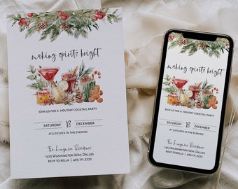 May include: A digital invitation for a holiday cocktail party with a watercolor illustration of festive drinks, greenery, and ornaments. The text reads "making spirits bright" and includes the date, time, and location of the event.