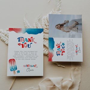 Sjabloon voor bedankkaart 4 juli, rood en wit, verjaardag van 4 juli, bedankkaart met foto, bedankkaart voor babyshower op 4 juli