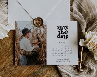 DONNA Retro Save the Date Template, Wedding Save the Date, Save the Date with Photo, 70s Save the Date, Editable Calendar Save the Date