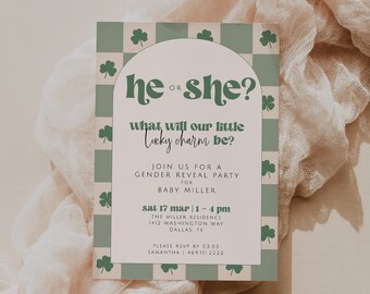 Plantilla de invitación para revelar el género del bebé con amuleto de la suerte, revelación del género del Día de San Patricio, revelación del género de marzo, invitación editable, invitación Clover Baby