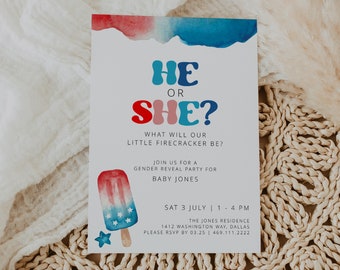 Plantilla de invitación para revelar el género del 4 de julio, con detalles en rojo, blanco y azul, fiesta de revelación de género de verano, baby shower del 4 de julio