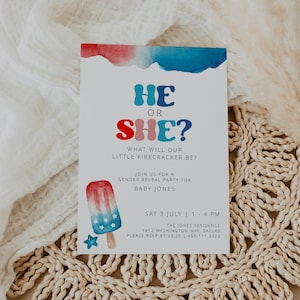 4th of July Gender Reveal Invitation Template, Red White and Due Gender Reveal, Summer Gender Reveal Party, Fourth of July Baby Shower