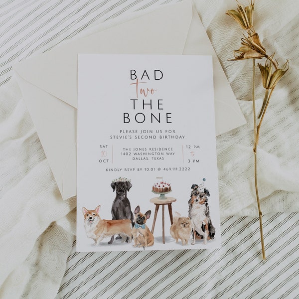 Dog 2nd Birthday Invitation Template, Second Birthday Dog Party, Dog Pawty Printable Invite, Bad Two the Bone, Pet Party Instant Download