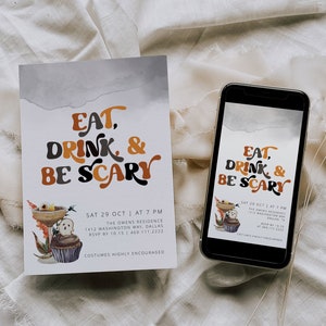 Eat, Drink & Be Scary Invitation Template, Halloween Printable Invite, Adult Halloween Invite, Digital Halloween Party Invitation, Cocktails