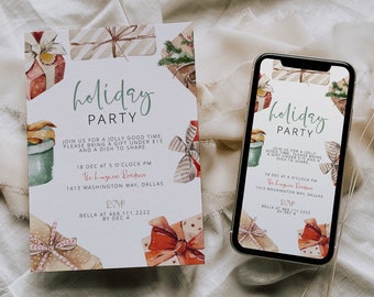 Peut inclure: Une carte d'invitation blanche avec un motif aquarelle de cadeaux emballés et une bannière verte qui dit "holiday party". Le texte sur la carte dit "Rejoignez-nous pour un bon moment. Veuillez apporter un cadeau de moins de 15 € et un plat à partager. 18 décembre à 17h00. The Lugnin Residence. 1413 Washington Way, Dallas. RSVP. Bella au 469 111 2222 avant le 4 décembre."