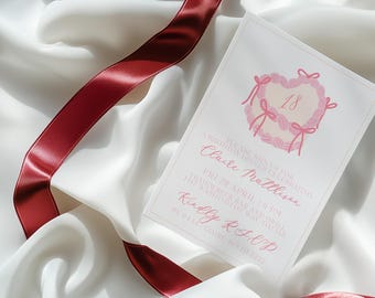 Plantilla de invitación de cumpleaños con pastel retro, coqueta con lazo rosa, pastel vintage rosa, descarga instantánea para 18.º cumpleaños, C5