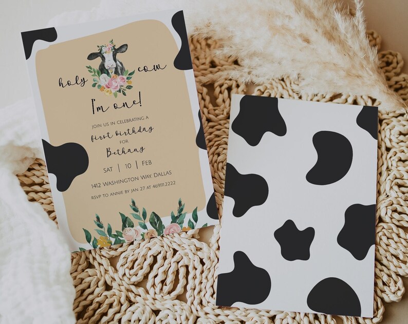 DIXIE Holy Cow Im One Birthday Invitation Template First Birthday Invitation Cow Party Printable Invite Girl 1st Birthday