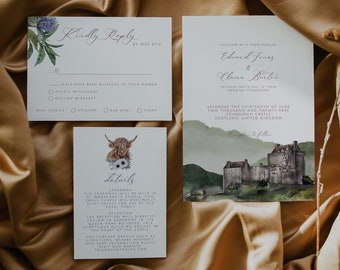 EDINBURGH Wedding Invitation Suite Template, Destination Wedding, Scotland Wedding Invitation, Wedding Invitation with RSVP, Castle Invite