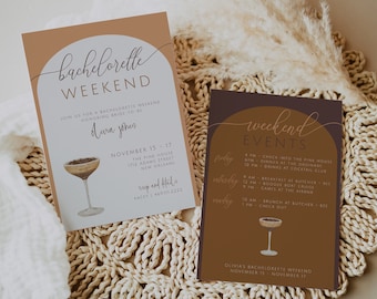 Plantilla de invitación e itinerario para despedida de soltera con martini espresso, despedida de soltera con cóctel, invitación imprimible para despedida de soltera, programa de fin de semana