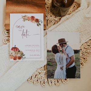 Autumn Save the Date Template, Pumpkin Save the Date, Floral Save the Date, Fall Wedding Stationery, Fall in Love, Save the Date with Photo