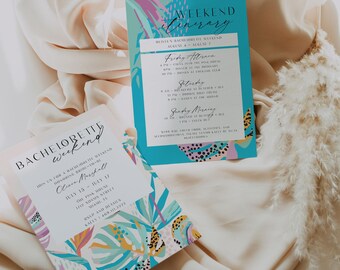 Plantilla de invitación e itinerario para despedida de soltera tropical de MAUI, invitación para despedida de soltera de neón, despedida de soltera de verano, fin de semana en Miami, despedida de soltera en Hawái