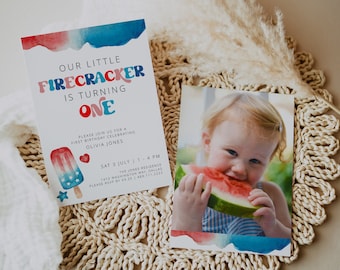 4th of July 1st Birthday Invitation Template, July Fourth First Birthday, Little Firecracker Birthday Invitation, Summer Birthday Invite