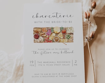 Charcuterie Bridal Shower Invitation Template, Charcuterie with the Bride to Be Printable Invite, Wine and Cheese Party Invitation, C4