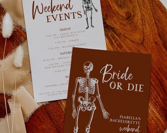 Bride or Die Invitation and Itinerary Template, Halloween Bachelorette Invitation, Editable Bachelorette Party Invite, Skeleton Invitation