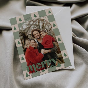 Modello di biglietto di Natale a scacchiera, biglietto di Natale con foto, biglietto di auguri natalizi a scacchi, biglietto di auguri natalizi, biglietto di Natale con foto ad arco
