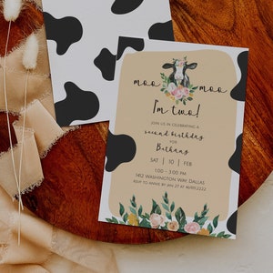 DIXIE Moo Moo I&#39;m Two Birthday Invitation Template, Second Birthday Invitation, Cow Party Printable Invite, Girl 2nd Birthday Invitation