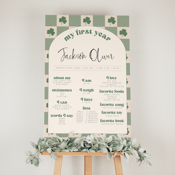 Lucky One First Year Milestone Template, St. Patrick's Day First Birthday, Clover 1st Birthday Milestone Poster, First Year Favorites